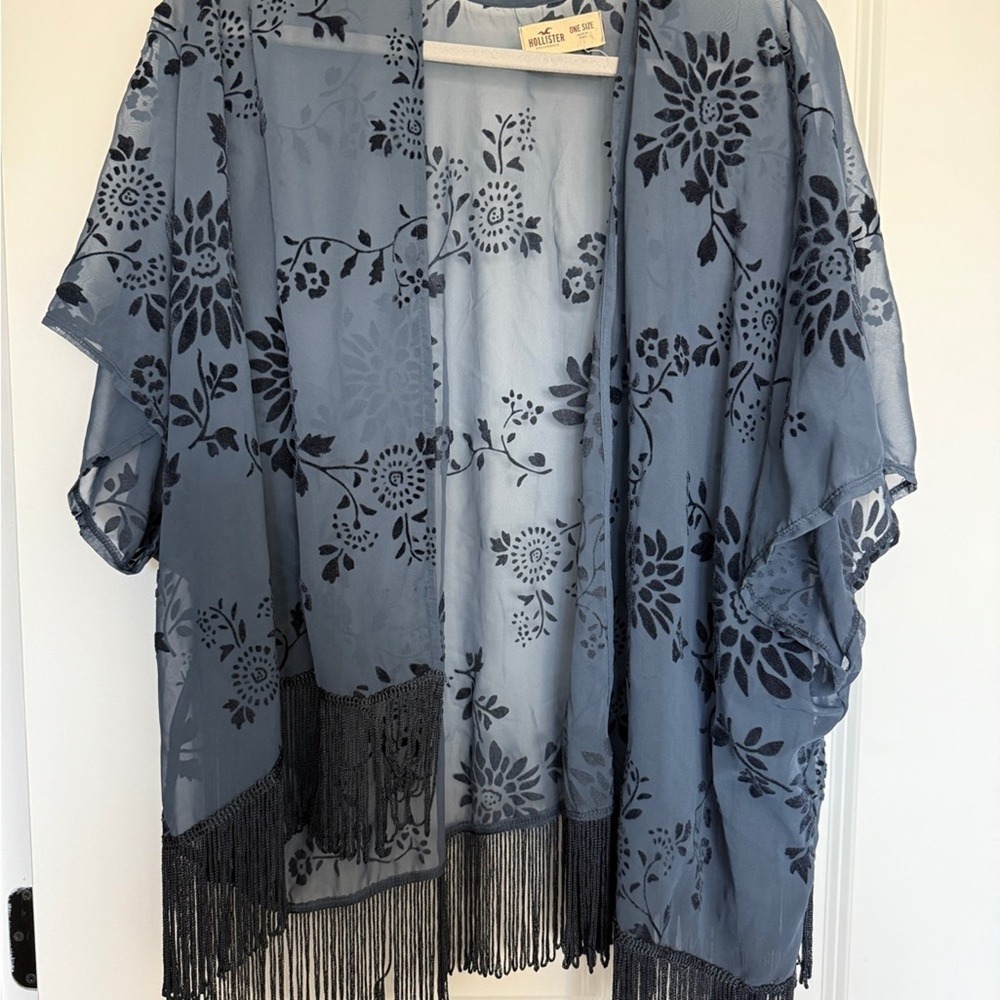 Hollister Blue Floral Velvet Burnout Sheer Kimono Cardigan Fringe‎ One Size
